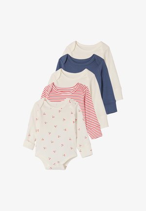 Five long-sleeve baby bodysuits stacked, featuring cream, navy blue, red stripes, and cream with small red cherry prints.