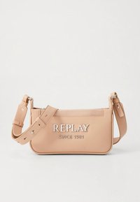 Beige synthetic crossbody bag with embossed "REPLAY SINCE 1981" logo, adjustable strap, rectangular shape, and smooth texture.