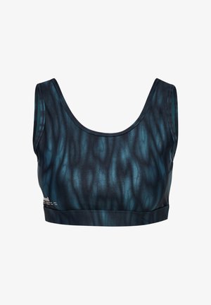 Sports-bh i mørk teal med en glat, blank tekstur. Har en rundet udskæring og brede stropper med diskrete bølgemønstre over det hele.