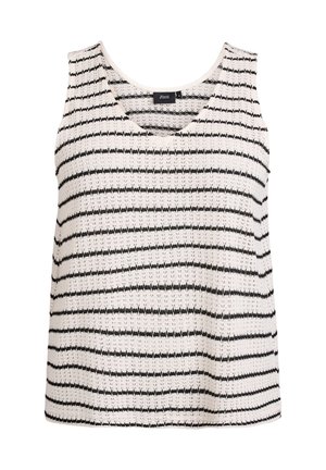 Top bianco senza maniche con righe orizzontali nere, caratterizzato da un collo a barca e un tessuto a maglia testurizzato. Design semplice senza ulteriori dettagli.