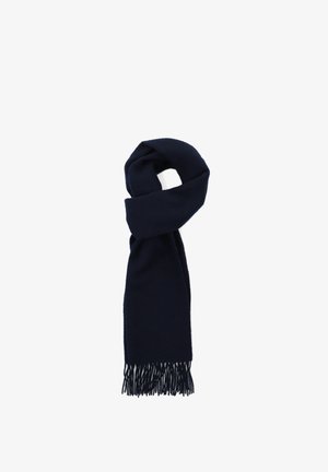Granatowy szalik wykonany z miękkiego materiału, o gładkiej strukturze i frędzlach na końcach, elegancko ułożony w prosty sposób w pętlę.