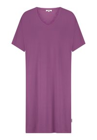 Korte paarse V-hals T-shirt met korte mouwen, voorzien van een textuurkantafwerking rond de halslijn, gemaakt van zachte katoen.