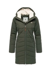 Dark green padded coat with a zip front, hood, and plush lining. Features two side pockets with snap closures and a logo patch.