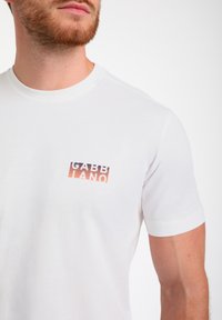 Balta kokvilnas t-krekls ar mazu, krāsainu logotipu ar reljefu uzrakstu kreisajā krūšu daļā. Klasiska apaļa kakla izgriezuma un īsām piedurknēm.