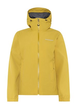 Gele waterdichte jas met een ritssluiting aan de voorkant, verstelbare capuchon en elastische manchetten. Voorzien van een grijze voering en zijzakken.