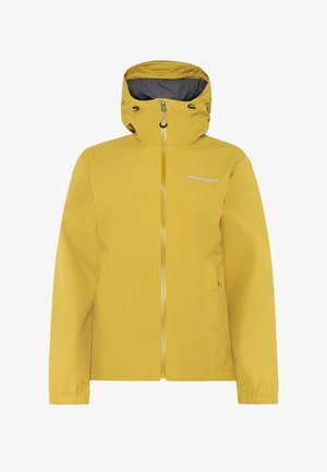 Gele waterdichte jas met een ritssluiting aan de voorkant, verstelbare capuchon en elastische manchetten. Voorzien van een grijze voering en zijzakken.