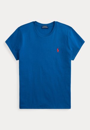 Blå kortærmet Polo Ralph Lauren T-shirt med rund halsudskæring og lille rødt broderet logo på venstre bryst.