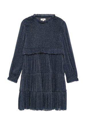 Navyblaues langärmeliges Kleid mit geschichteten Rüschenschichten, glitzernder Textur und rundem Ausschnitt. Aus einem weichen, schimmernden Stoff gefertigt.