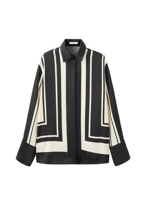 Long-sleeve black shirt with wide cuffs, featuring bold white geometric vertical and horizontal stripes on front and sleeves.