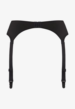 Schwarzer verstellbarer Riemen mit einer glatten Stoffoberseite und einer strukturierten Unterseite, ausgestattet mit einem zentralen Verschluss und Clip-Befestigungen an beiden Enden.