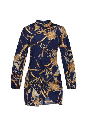 Marineblå minikjole med lange ærmer, høj krave, guld kæde- og kvastprint samt rynkedetalje i siden.