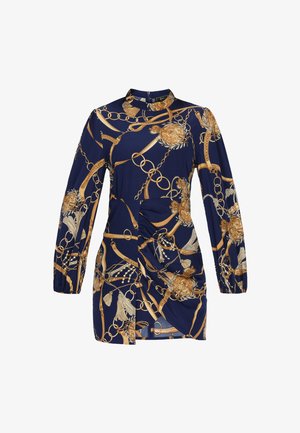 Marineblå minikjole med lange ærmer, høj krave, guld kæde- og kvastprint samt rynkedetalje i siden.