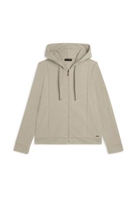 Felpa con zip color beige chiaro, dotata di cappuccio, realizzata in tessuto morbido. Presenta cuciture laterali e un piccolo etichetta con il marchio vicino all'orlo.
