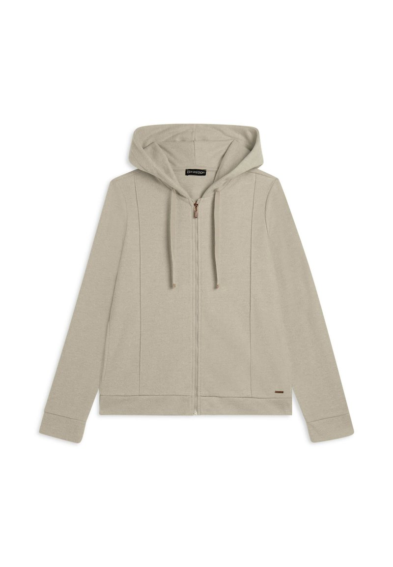 Felpa con zip color beige chiaro, dotata di cappuccio, realizzata in tessuto morbido. Presenta cuciture laterali e un piccolo etichetta con il marchio vicino all'orlo.