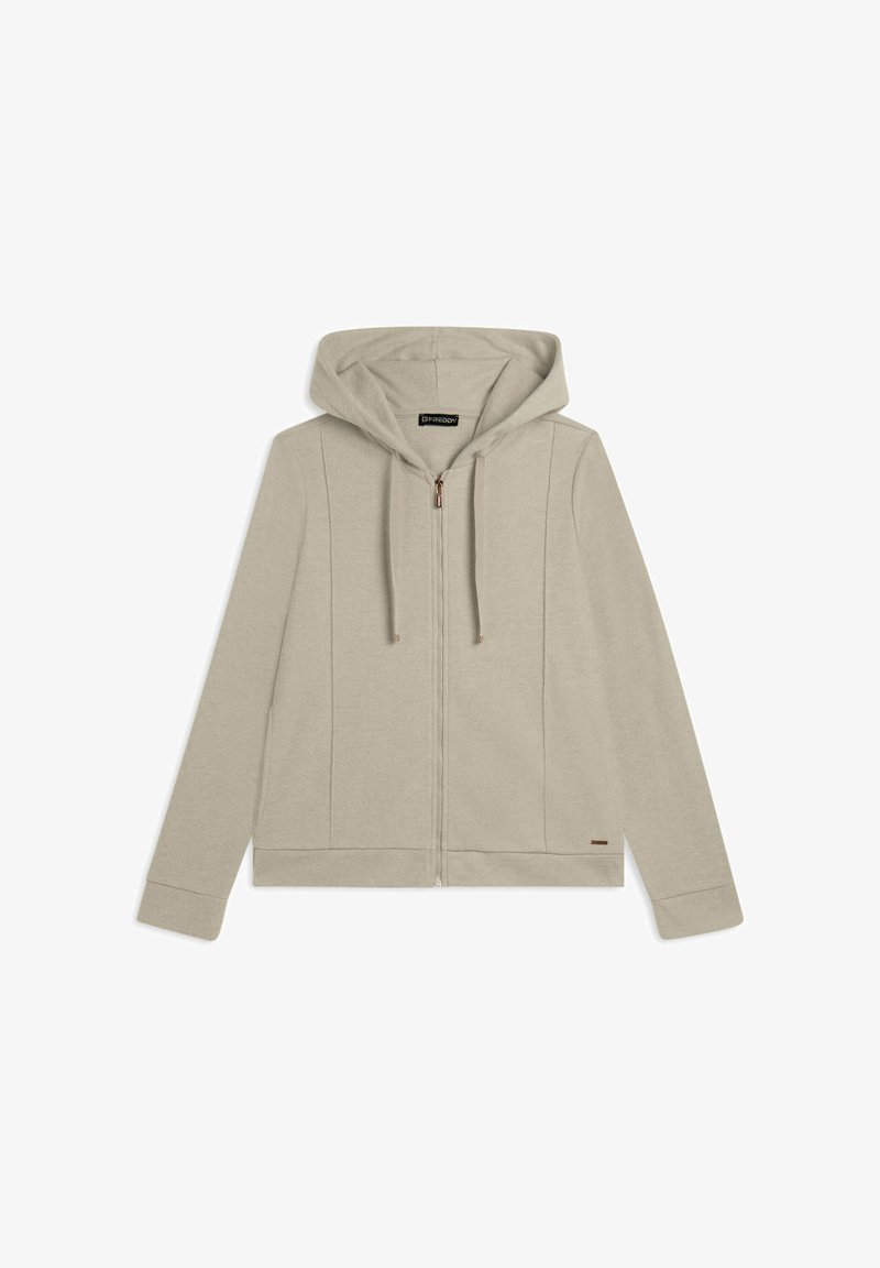 Sudadera con cremallera de un color beige claro, con capucha, hecha de un tejido suave. Presenta costuras laterales y una pequeña etiqueta de marca cerca del dobladillo.