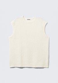 Cream-colored sleeveless top with a textured design, ribbed neckline, and hem. Features a boxy fit and casual style.
