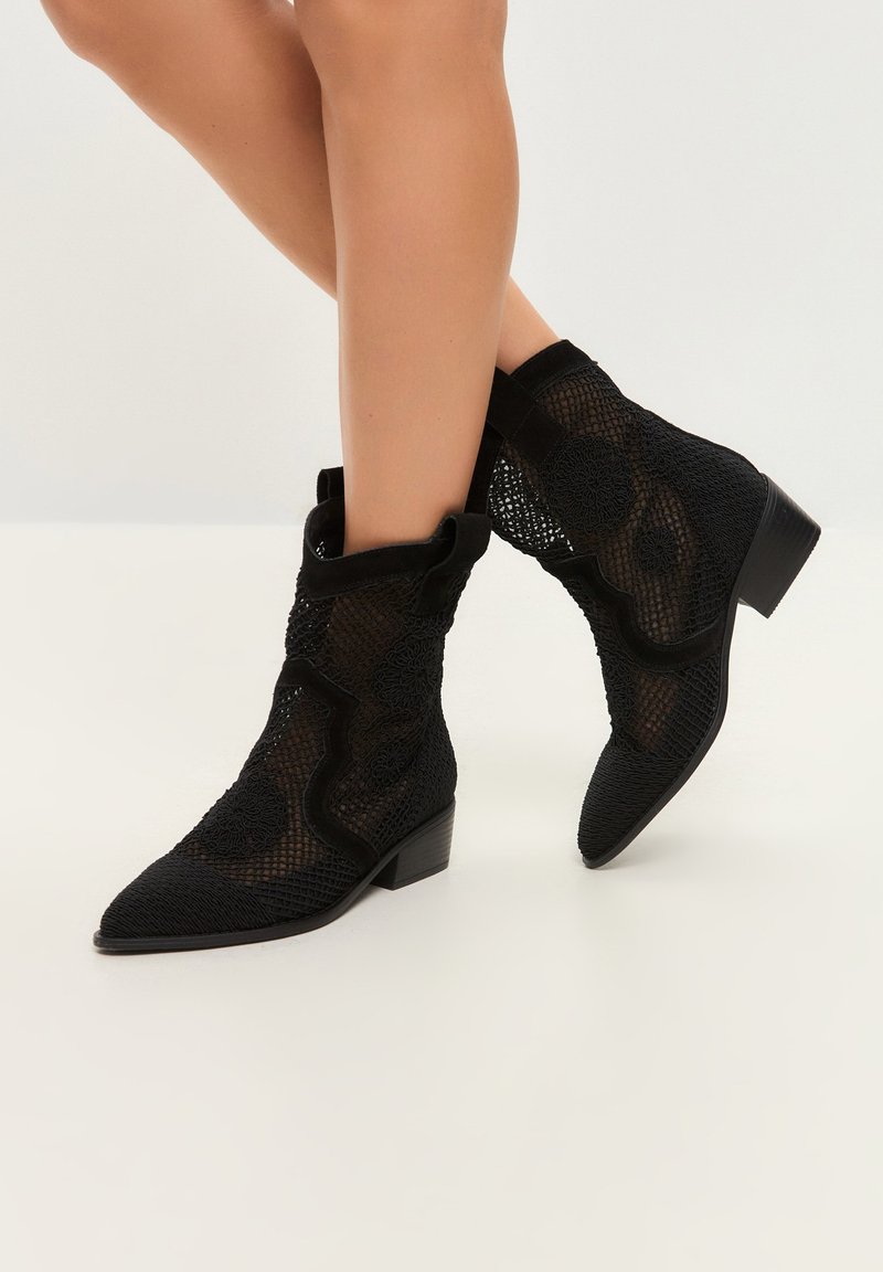 Botas de tobillo negras de malla con punta afilada, tejido texturizado y bordes en forma de onda. Tacón pequeño y acentos de patrón floral.