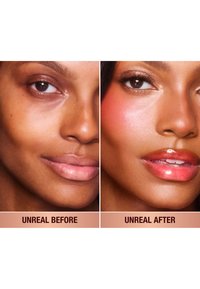 Before and after portrait of a face; left: bare skin, natural tones; right: enhanced with gloss, blush, and defined lips, warm tones.