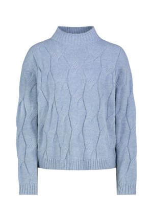Hellblauer gestrickter Pullover mit Zopfmuster, langen Ärmeln, geripptem hohem Kragen, Bündchen und Saum, dargestellt auf weißem Hintergrund.