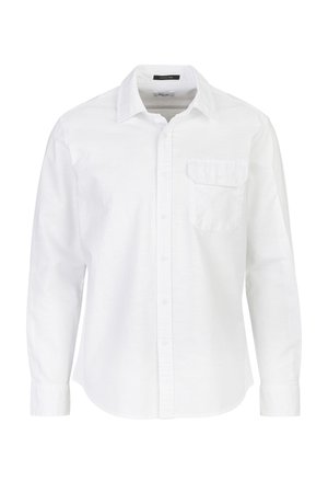 Witte langemouwen overhem met knopen, gemaakt van lichte stof. Voorzien van een kraag, een enkele borstzak en knoopmanchetten.