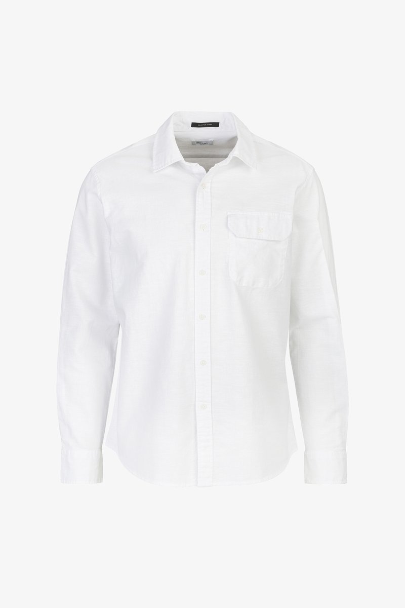 Witte langemouwen overhem met knopen, gemaakt van lichte stof. Voorzien van een kraag, een enkele borstzak en knoopmanchetten.