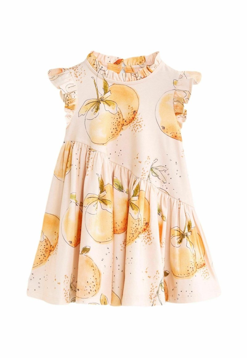 Robe sans manches pour tout-petits avec col et manches volantés, présentant un imprimé doux pêche sur un fond beige clair.
