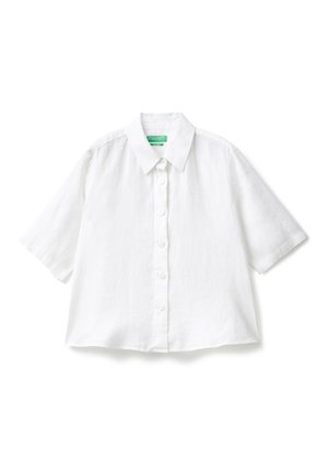 Short-sleeve white linen shirt with a collared neck, front button closure, and a relaxed fit. Smooth texture, no patterns or accents.