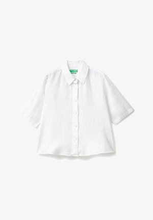 Korte mouwen witte linnen overhemd met een kraag, knoopsluiting aan de voorkant en een relaxte pasvorm. Glad textuur, geen patronen of accenten.