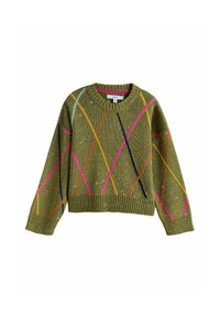 Green knitted sweater with geometric patterns in yellow, pink, and blue. Features a crew neckline and ribbed cuffs and hem.