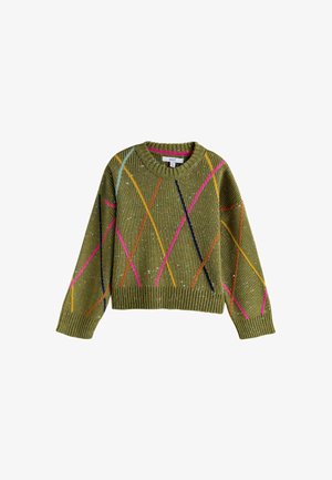 Zaļa adīta džemperis ar ģeometriskām rakstām dzeltenā, rozā un zilā krāsā. Ar apaļu dekoltē un ribotiem piedurkņu un apakšmalas galiem.