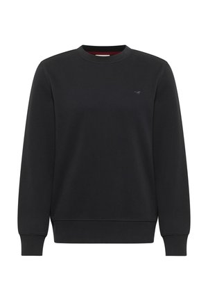 Czarna bluza z miękkiego materiału, z okrągłym dekoltem, długimi rękawami, ściągaczami przy mankietach i u dołu, z małym logo na piersi.