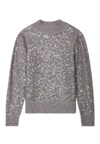 Grauer Pullover mit hohem Kragen, bedeckt mit schwarzen und silbernen Pailletten, ausgestattet mit gerippten Bündchen und Saum, glatte Stricktextur.