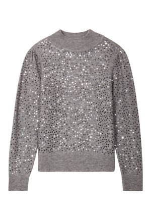 Grauer Pullover mit hohem Kragen, bedeckt mit schwarzen und silbernen Pailletten, ausgestattet mit gerippten Bündchen und Saum, glatte Stricktextur.