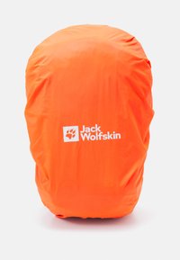 Orange waterproof backpack cover with smooth texture, featuring a prominent white Jack Wolfskin logo. Rounded shape, designed for outdoor use.