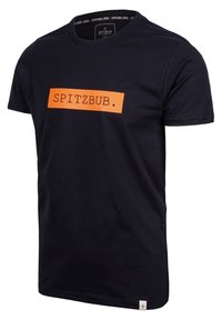 Navy blauwe katoenen t-shirt met korte mouwen en een ronde hals, met een oranje rechthoekig logo met de tekst "SPITZBUB." in het zwart.