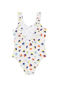 Maillot de bain une pièce avec une base blanche, présentant des motifs en forme de goutte colorés en bleu, orange, jaune et marine. Accents froncés sur les bretelles.