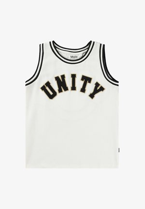 Maglietta bianca senza maniche con bordi neri e lettere nere audaci contornate da oro che compongono la parola "UNITY" sul petto.