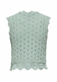 Lichtgroene gebreide tanktop met een golfpatroon, gegolfde zoom en korte mouwen. De textuur is complex en open, wat vakmanschap laat zien.
