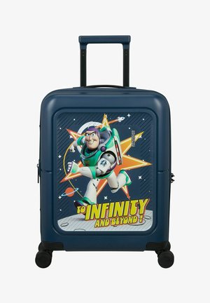 Valigia blu navy con astronauta dei cartoni animati che corre, sfondo colorato con stelle e pianeti e testo "Verso l’infinito e oltre!" sul pannello frontale.