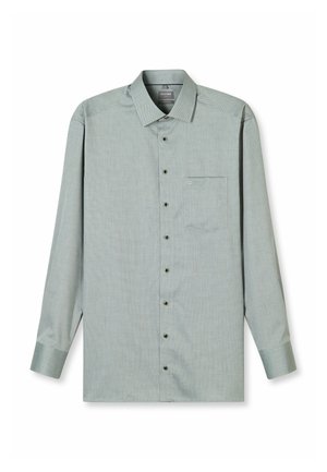 Grünes langärmliges Hemd mit Muster, Button-Down-Kragen, einer Brusttasche und dunklen Knöpfen, hergestellt aus leichtem Stoff.