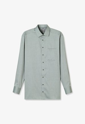 Grünes langärmliges Hemd mit Muster, Button-Down-Kragen, einer Brusttasche und dunklen Knöpfen, hergestellt aus leichtem Stoff.