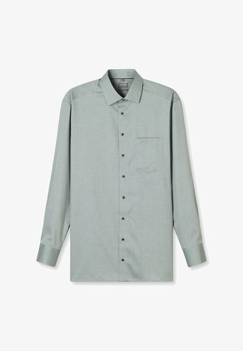 Grünes langärmliges Hemd mit Muster, Button-Down-Kragen, einer Brusttasche und dunklen Knöpfen, hergestellt aus leichtem Stoff.