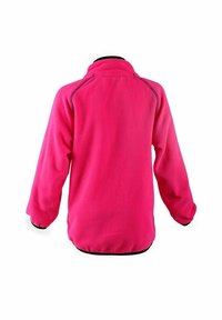 Fleece-pullover, stark rosa med svart kant, har en hög krage och långa ärmar, designad utan synliga knäppningar. Strukturerad tyg.