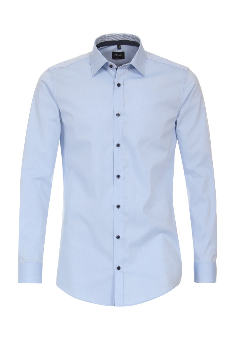 Light blue long-sleeve shirt made of smooth fabric, featuring a structured collar, black buttons, and a patterned interior collar lining.