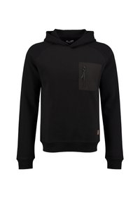 Sudadera negra con capucha ajustable, cuerpo texturizado y un bolsillo en el pecho con cremallera y panel contrastante. Puños y dobladillo acanalados.