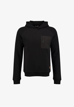 Sudadera negra con capucha ajustable, cuerpo texturizado y un bolsillo en el pecho con cremallera y panel contrastante. Puños y dobladillo acanalados.