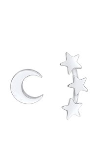 Orecchini in argento a forma di mezzaluna con tre stelle, con una finitura lucida e una superficie liscia, che mettono in mostra elementi di design a tema celeste.