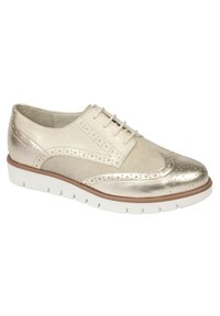Scarpa stringata metallica dorata e beige con accenti perforati, finitura liscia e suola bianca texturizzata. Design wingtip con punta arrotondata.