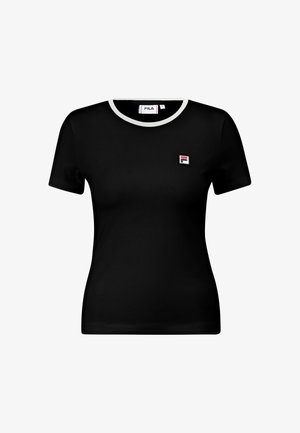 Zwarte t-shirt met korte mouwen van katoen, voorzien van een witte geribbelde halslijn en een klein geborduurd logo in rood en wit op de borst.