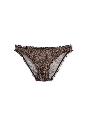 Panties mit Leopardenmuster, schwarzer Spitzenverzierung und gerafften Rändern. Durchsichtiger Stoff mit einer gerafften Textur vorne. Klassische Bikiniform.